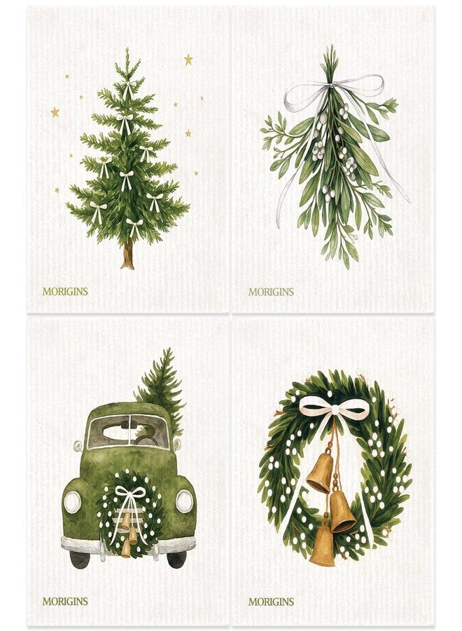 Morigins Swedish Kitchen Towels, Green Christmas Tree Swedish Napkins, Cellulose Sponge Cloth, Non-Scratch Reusable Paper Towels, Biodegradable and Reusable Kitchen Towels 4pack 7X8 - Image 1
